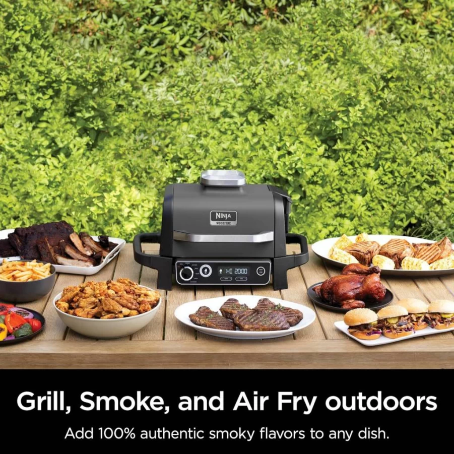 Ninja Woodfire Outdoor Grill 7-in-1 - Portable Pellet Grill for Grilling, Smoking, Roasting & Air Frying with Weather-Resistant Design - Includes Woodfire Pellets - OG701 Cooks 6 Steaks or 30 Hot Dogs