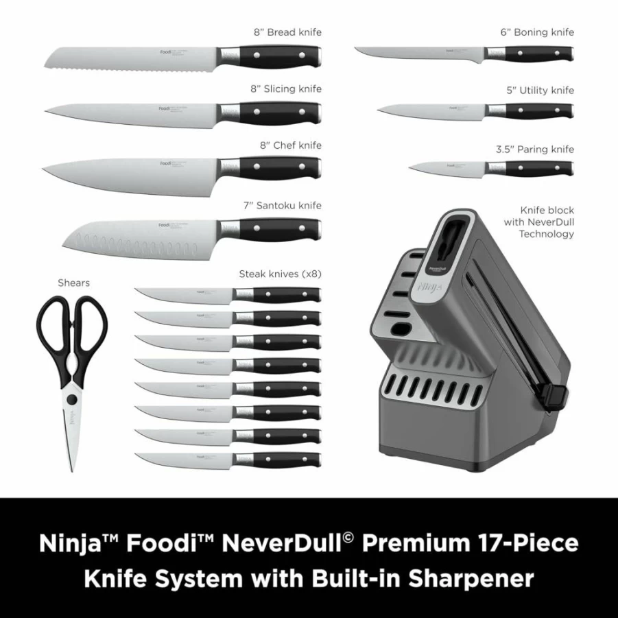 Ninja K62012 Foodi Neverdull Premium 12-Piece German Stainless Steel Knife Set with Built-In Sharpener, Stainless Steel/Black, High-Performance Kitchen Cutlery