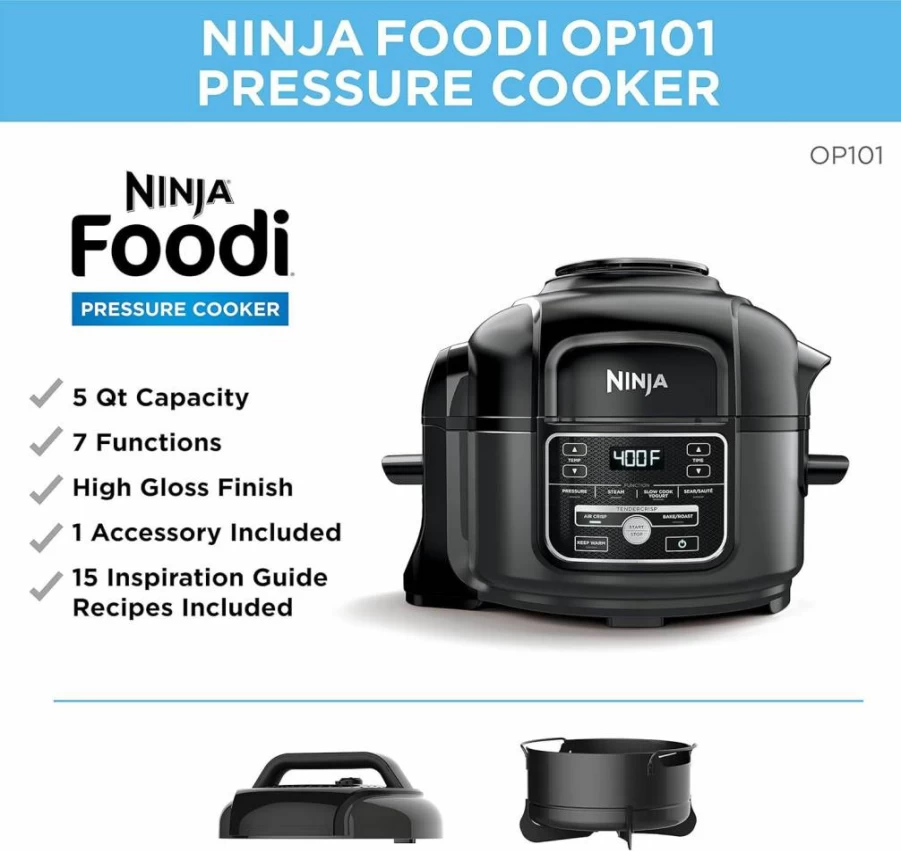 Ninja Foodi 7-in-1 5-Quart Pressure Cooker, Slow Cooker, Air Fryer Combo with Recipe Book & High Gloss Finish