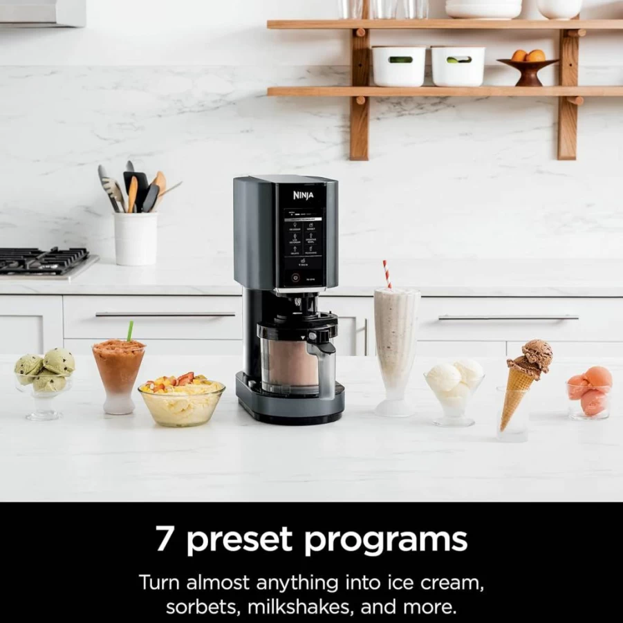 Ninja Creami NC299AMZ 7-in-1 Ice Cream Maker for Gelato, Sorbet, Milkshakes & Smoothie Bowls with Pint Lids - Healthy Frozen Dessert Machine for Kids, Compact Black Countertop Appliance